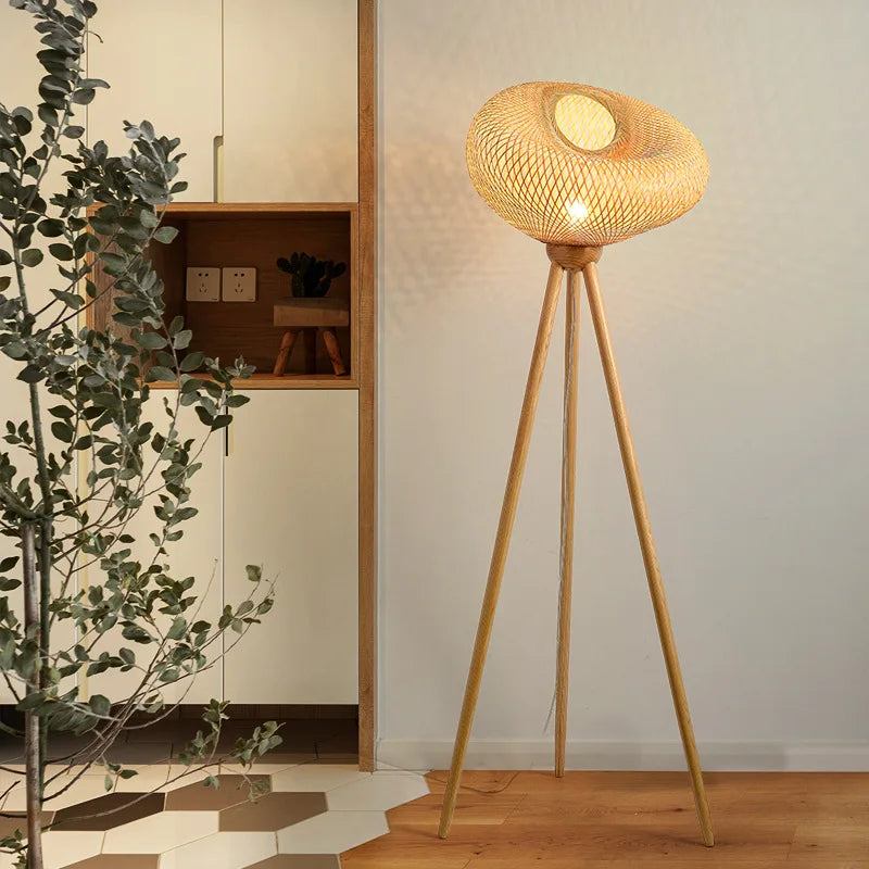 Bamboo Weaving Floor Lamp Solid Wood Standing Light for Bedroom & Living Room, Econiko Brand