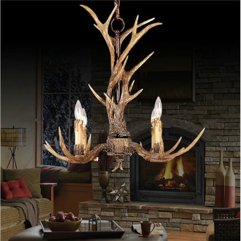 4-Head Brown Antler Chandeliers Pendant Lamps Ceiling Fixtures Lighting, E14 110-240V - Econiko