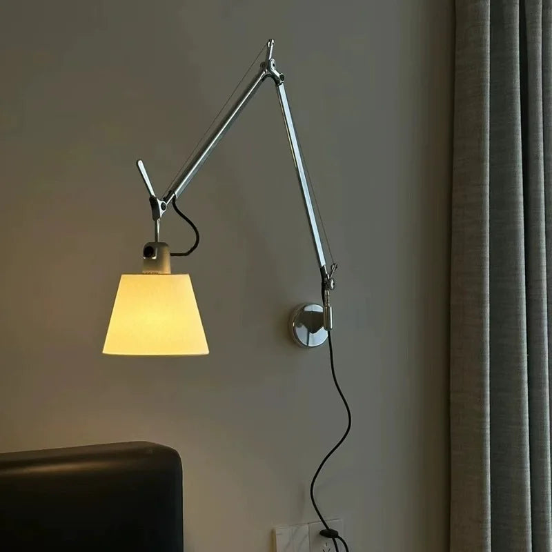 Adjustable Silver Metal Wall Light with Switch for Bedroom, Office, Reading, Rotatable E27 Bulb