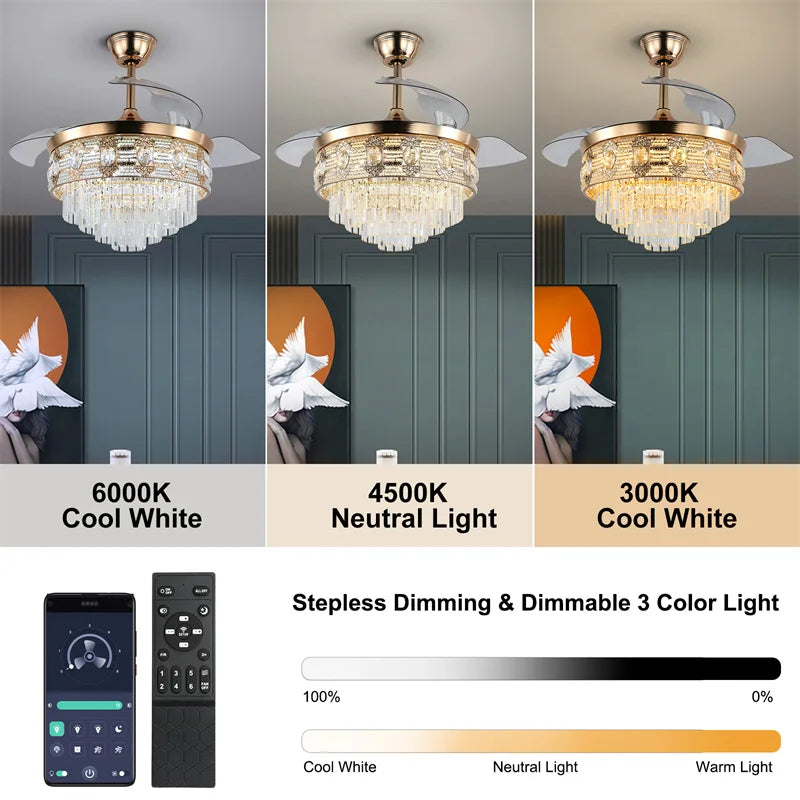 42" Crystal Fan Light with Remote Control, 6-Level Luminaire, Bedroom Fans for Room by Econiko