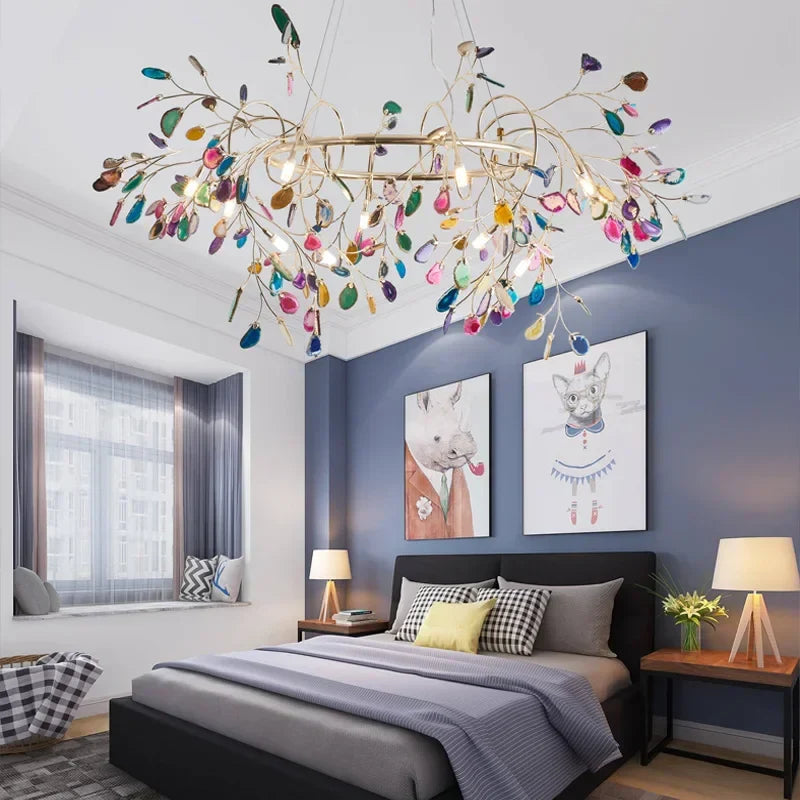 Colorful Agate LED Pendant Lamp by Econiko - Romantic Leaves Shape Chandelier for Hall and Living Room