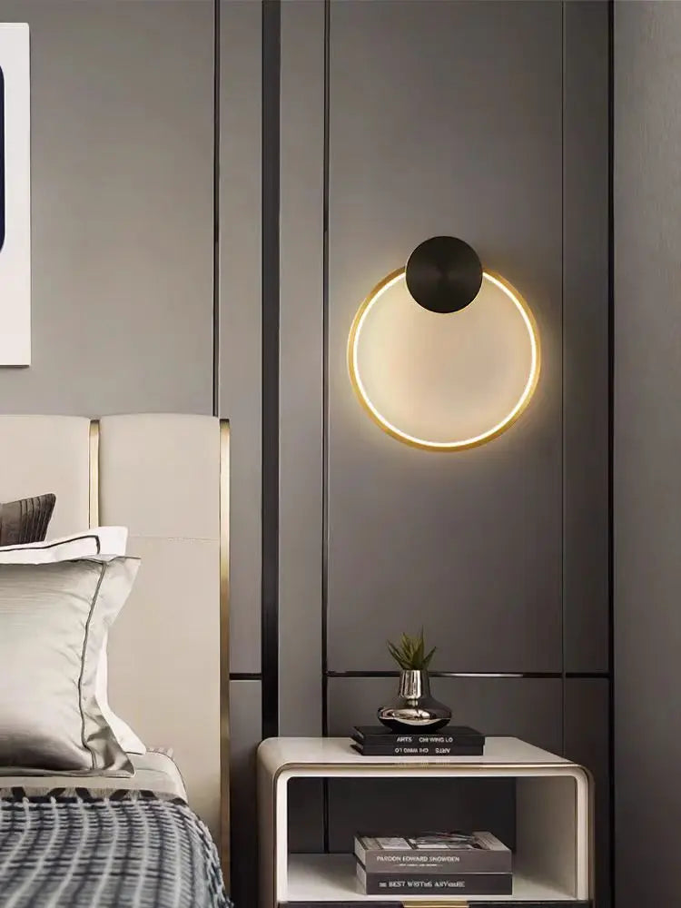 Brass Ring Wall Light: Gold Black Living Room Sconce by Econiko