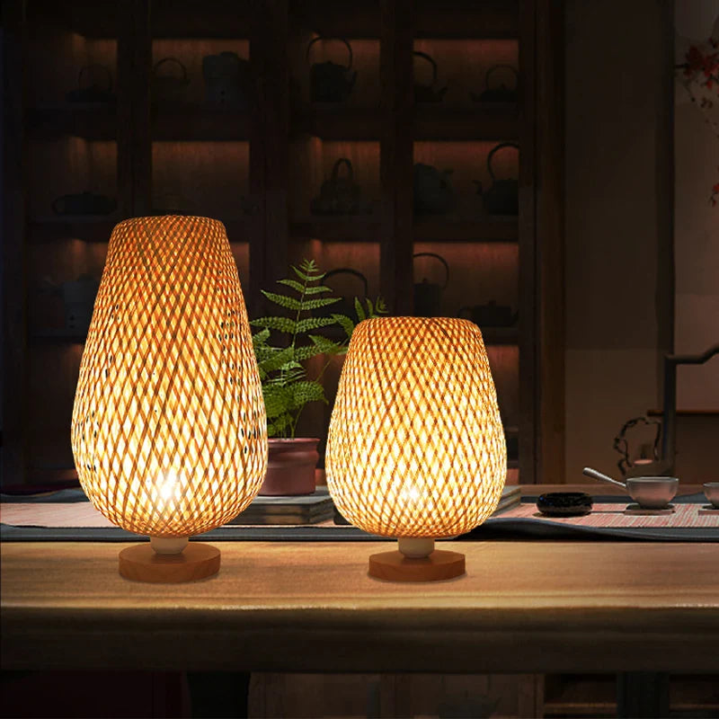 Bamboo Handicraft Table Lamps Econiko - Handmade Warm Wood Lamp for Bedroom & Living Room