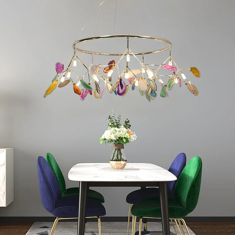 Colorful Agate LED Pendant Lamp by Econiko - Romantic Leaves Shape Chandelier for Hall and Living Room