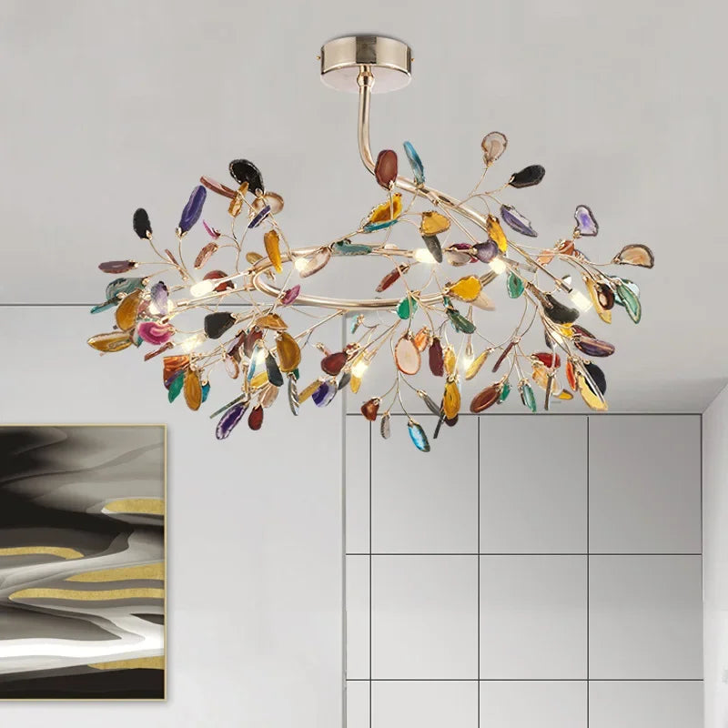 Colorful Agate LED Pendant Lamp by Econiko - Romantic Leaves Shape Chandelier for Hall and Living Room