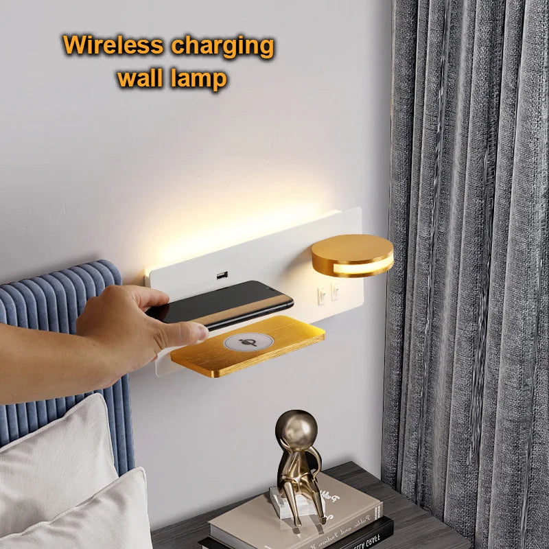 Modern LED Wall Lamp With Wireless Charging, USB Port, and Switch for Bedside, Living Room - Econiko