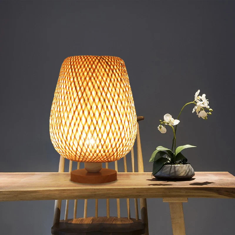 Bamboo Handicraft Table Lamps Econiko - Handmade Warm Wood Lamp for Bedroom & Living Room