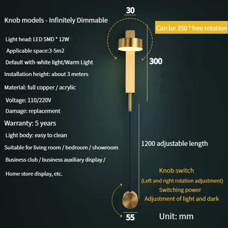 12W LED Wall Lamp Dimmable Switch 350° Rotate Sconce Light For Home Living Room Bedside - Econiko Gold Brass Luminaire