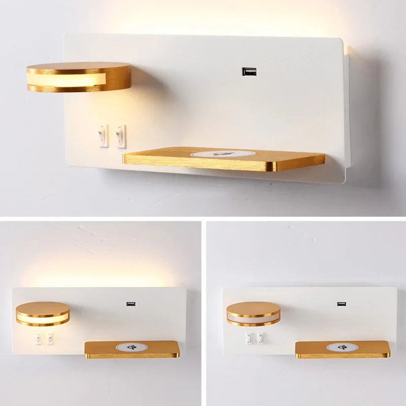 Modern LED Wall Lamp With Wireless Charging, USB Port, and Switch for Bedside, Living Room - Econiko