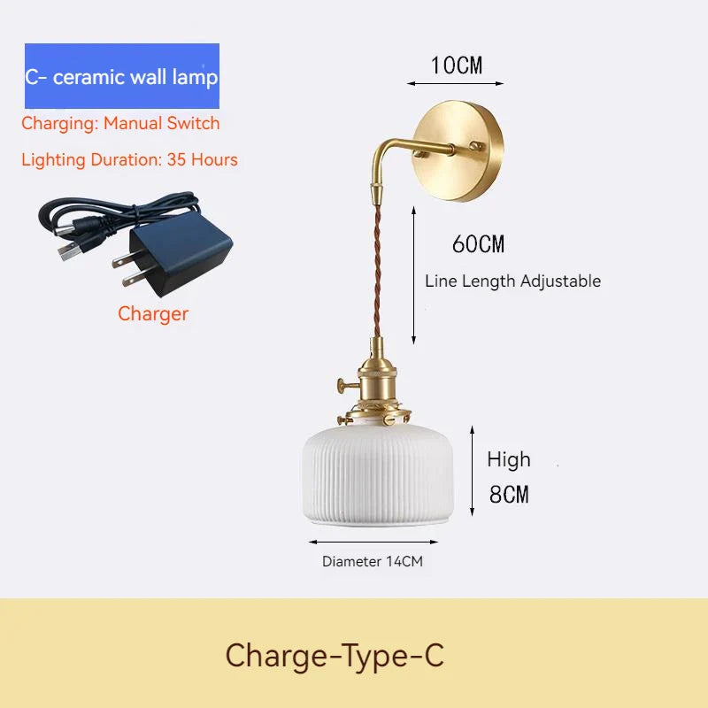 Ceramic Rechargeable Wall Light Pull Wire Switch Nordic Brass White LED Sconce Bedside Rotary Lamp Vintage Econiko E27