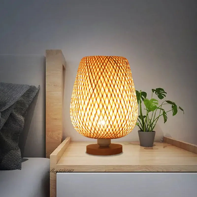 Bamboo Chinese Style Table Lamp Handmade Wooden Desk Econiko Living Room Bedroom Decor E27