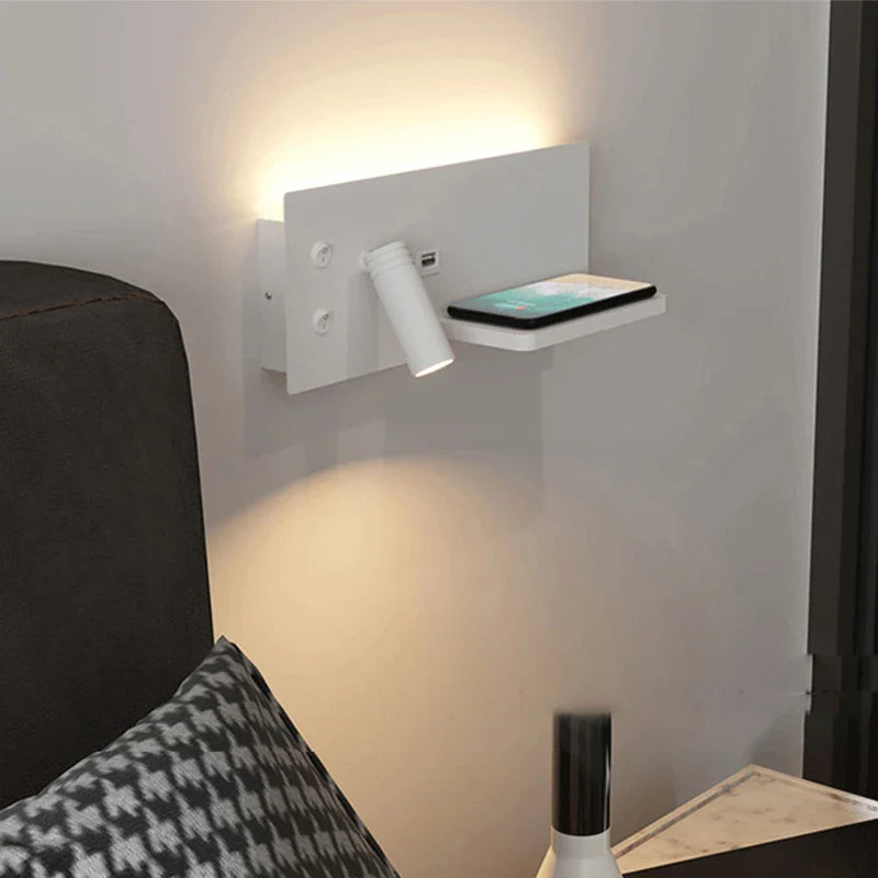 Modern LED Wall Lamp With Wireless Charging, USB Port, and Switch for Bedside, Living Room - Econiko