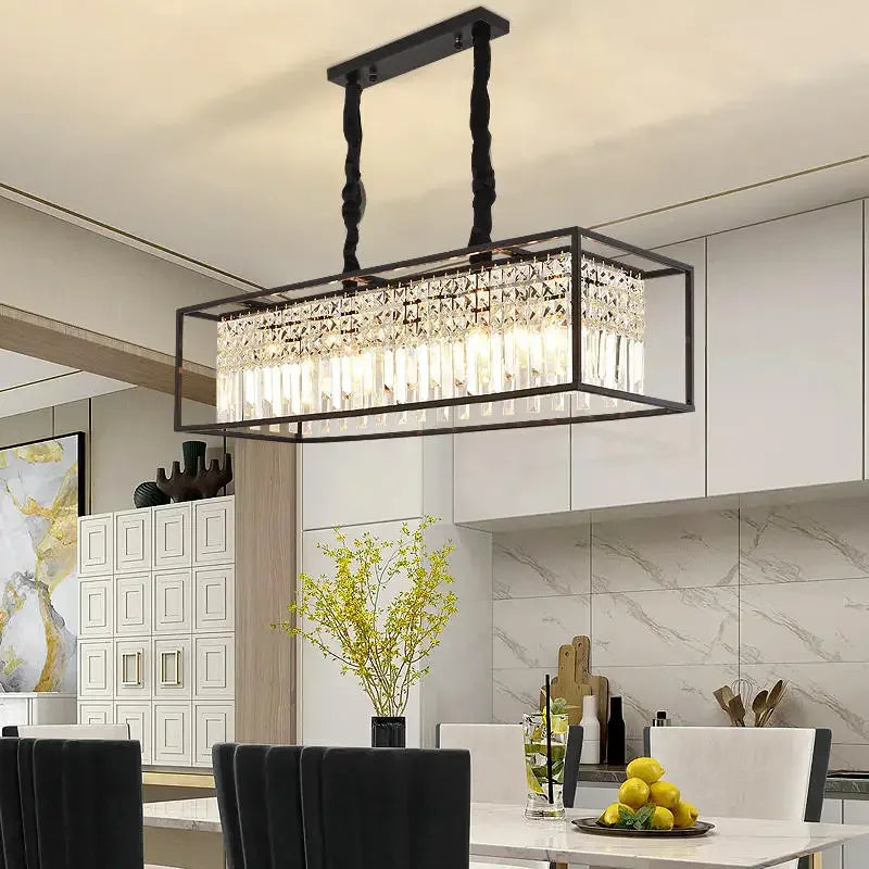 Black/Gold Crystal Chandelier: Luxury Hanging LED Light for Dining Room, Kitchen Island - Econiko