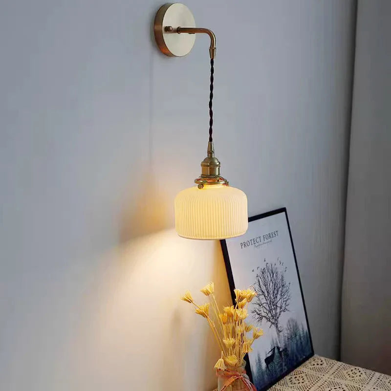 Ceramic Rechargeable Wall Light Pull Wire Switch Nordic Brass White LED Sconce Bedside Rotary Lamp Vintage Econiko E27