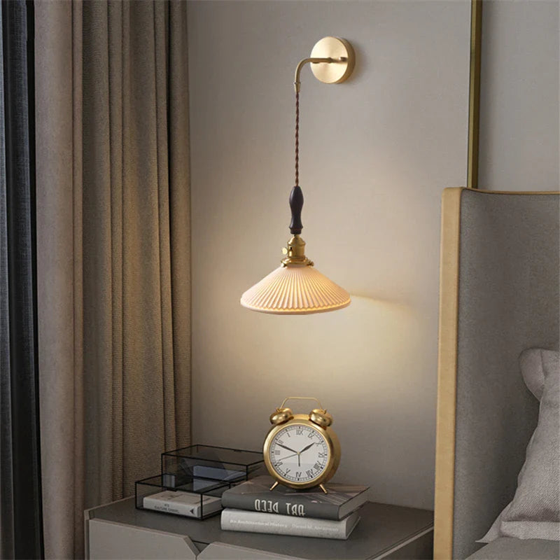 Ceramic Rechargeable Wall Light Pull Wire Switch Nordic Brass White LED Sconce Bedside Rotary Lamp Vintage Econiko E27