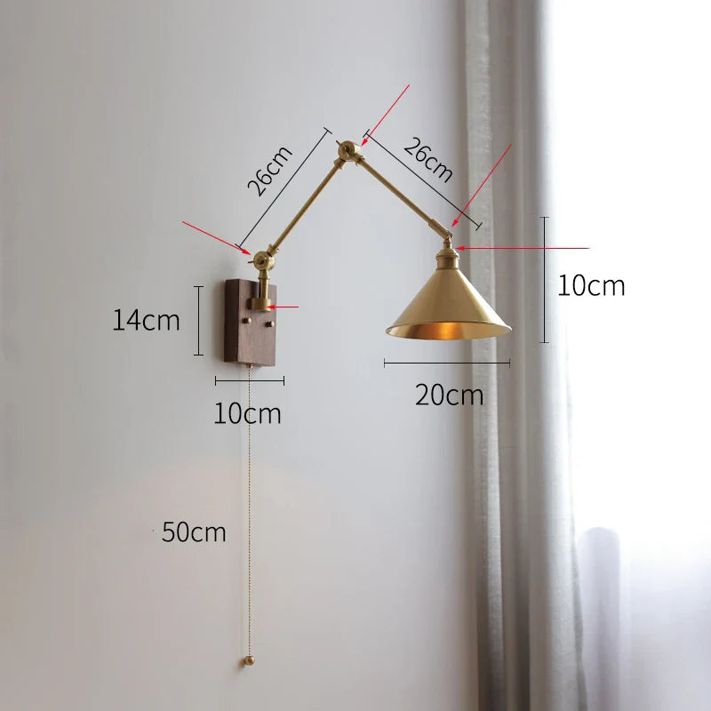 Adjustable Copper Arm LED Wall Sconce for Living Room Bedroom Pull Chain Switch - Econiko