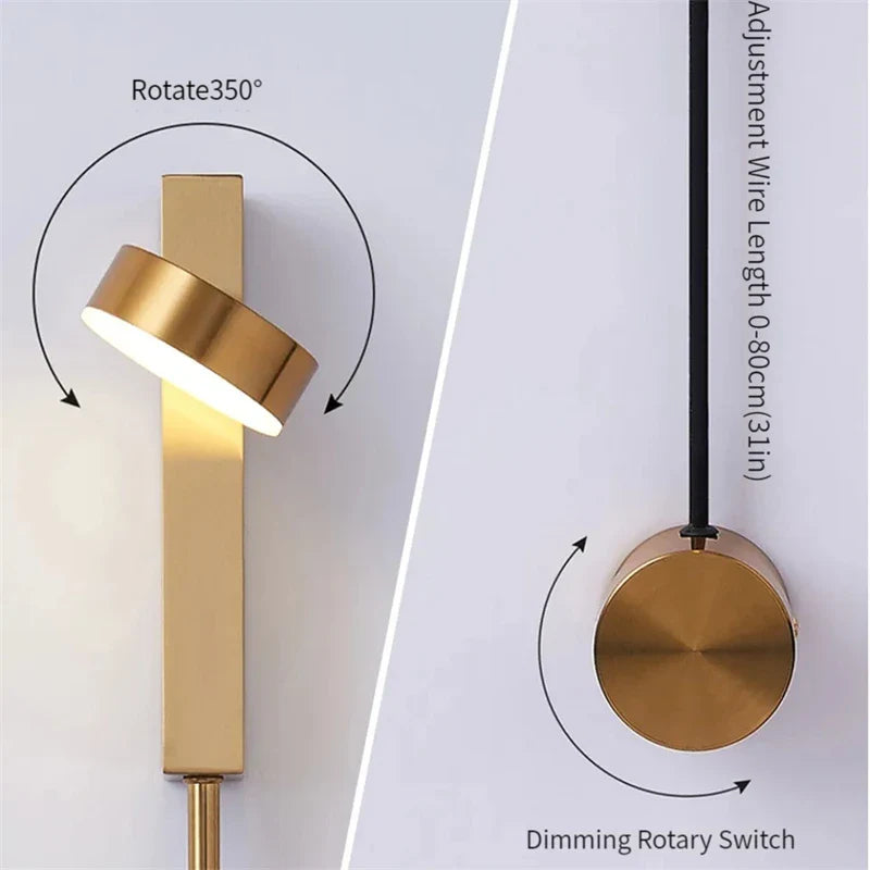 12W LED Wall Lamp Dimmable Switch 350° Rotate Sconce Light For Home Living Room Bedside - Econiko Gold Brass Luminaire