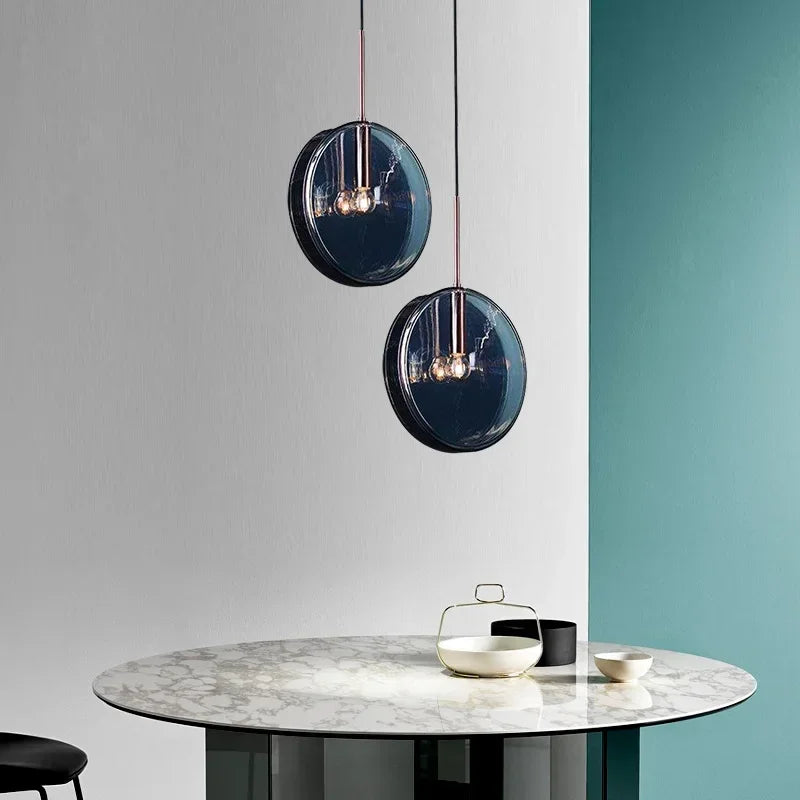 Blue Glass Circle Pendant Light Nordic Design for Living Room Interior, Bedroom Decor by Econiko