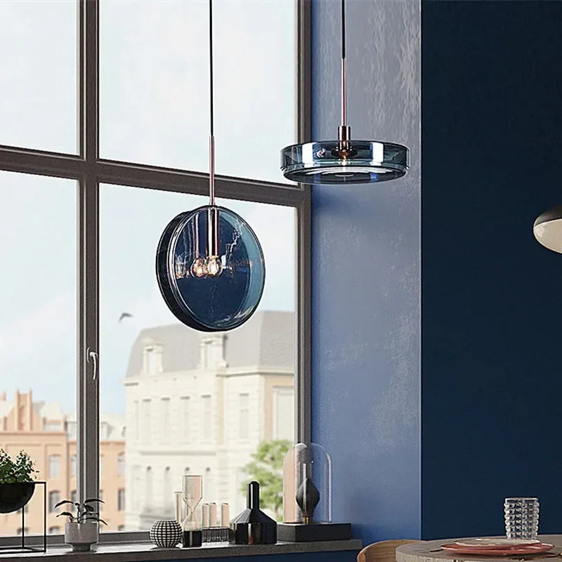 Blue Glass Circle Pendant Light Nordic Design for Living Room Interior, Bedroom Decor by Econiko